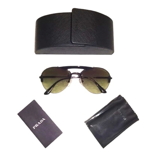 Prada Aviator Sunglasses Black Frames Green Gradient Lens Decorative Brow Bar - Picture 3 of 12